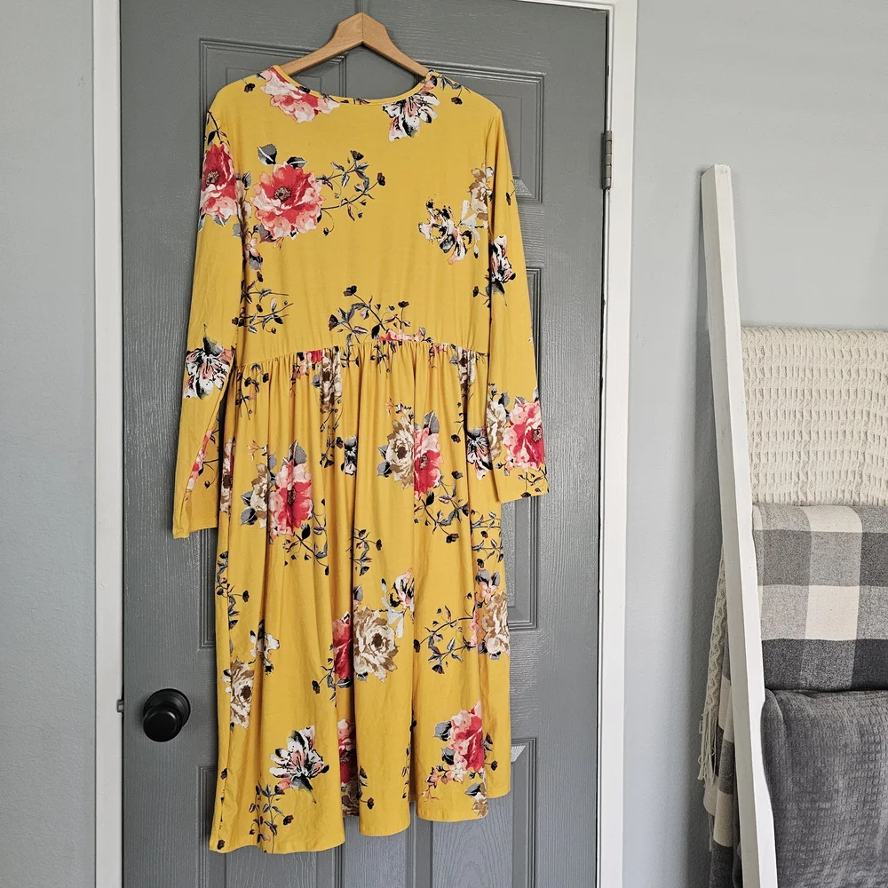 NWT Reborn J Floral Midi Dress 2XL Yellow Stretchy Long Sleeve Boho Style - Picture 4 of 4